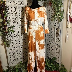 TERRIFIC ORANGE & WHITE TIE-DYE OFF SHOULDER LONG SLEEVE WIDE LEG MAXI JUMPSUIT